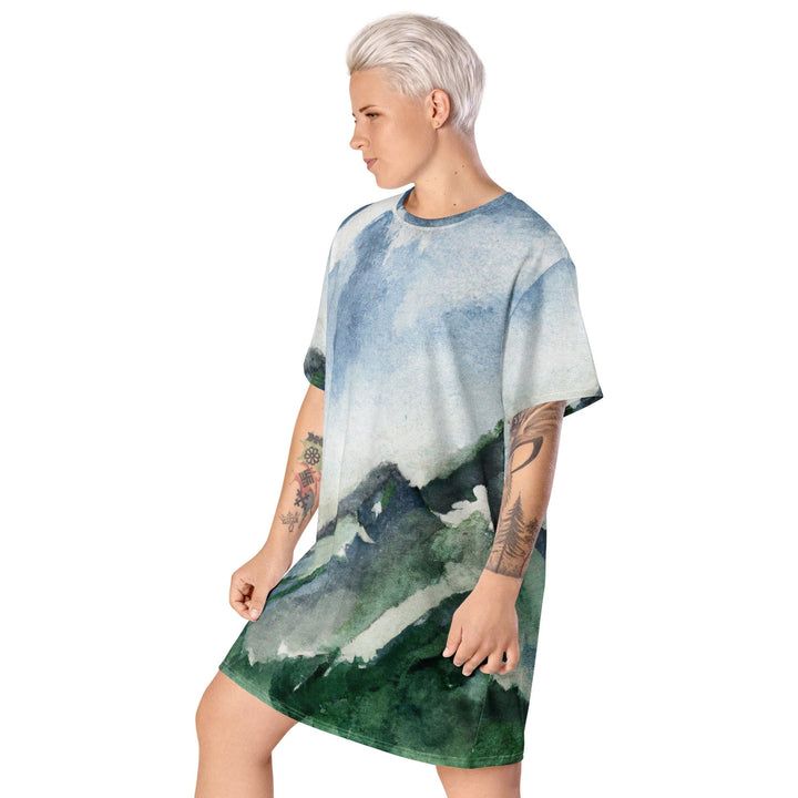 Womens Graphic T-shirt Dress Green Mountainside Nature Landscape - Womens