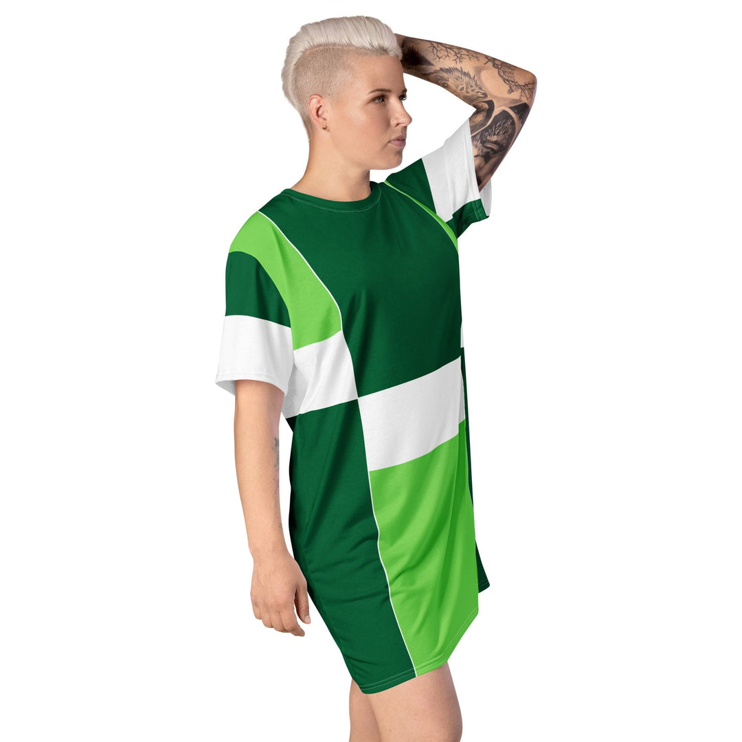 Womens Graphic T-shirt Dress Green White Colorblock Grid Lines - Womens