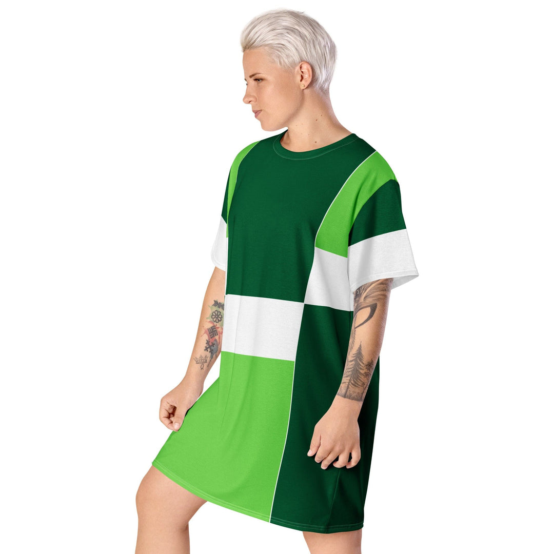 Womens Graphic T-shirt Dress Green White Colorblock Grid Lines - Womens