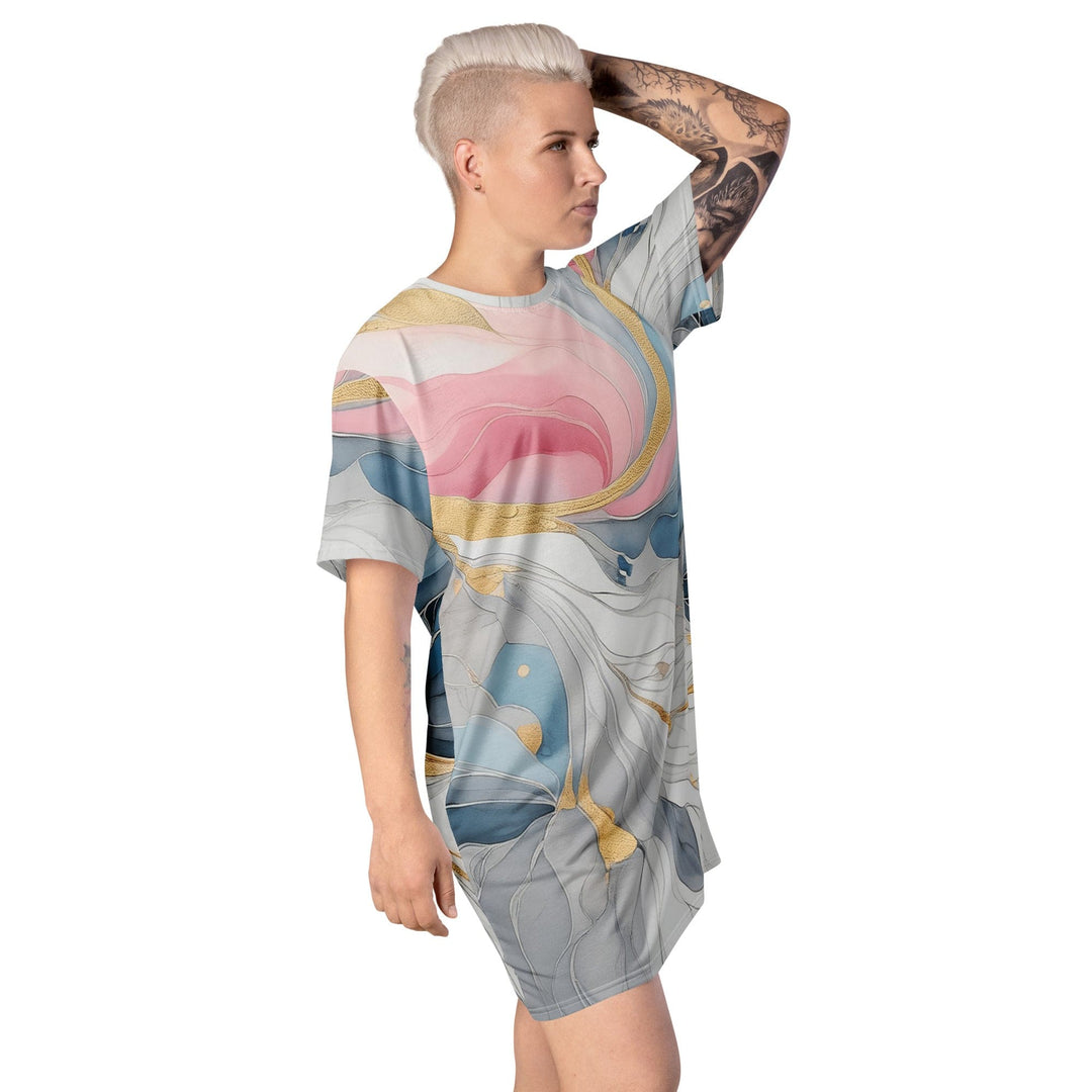 Womens Graphic T-shirt Dress Marble Cloud of Grey Pink Blue 5522 - Womens