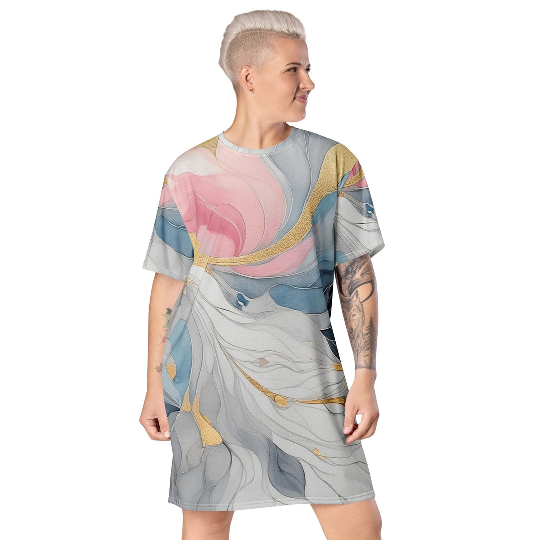 Womens Graphic T-shirt Dress Marble Cloud of Grey Pink Blue 5522 - Womens