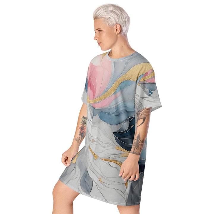 Womens Graphic T-shirt Dress Marble Cloud of Grey Pink Blue 5522 - Womens