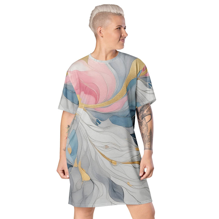 Womens Graphic T-shirt Dress Marble Cloud of Grey Pink Blue 5522 - Womens