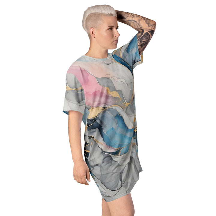 Womens Graphic T-shirt Dress Marble Cloud of Grey Pink Blue 63389 - Womens