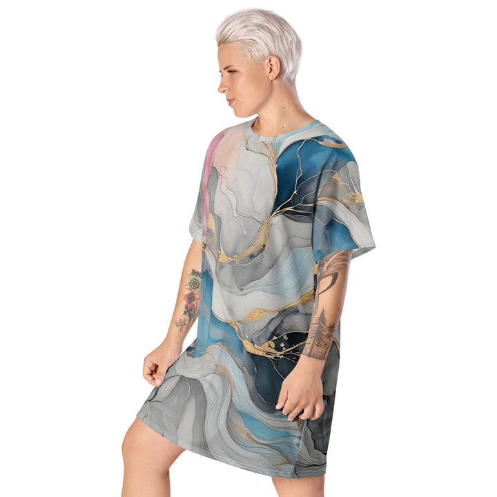 Womens Graphic T-shirt Dress Marble Cloud of Grey Pink Blue 63389 - Womens