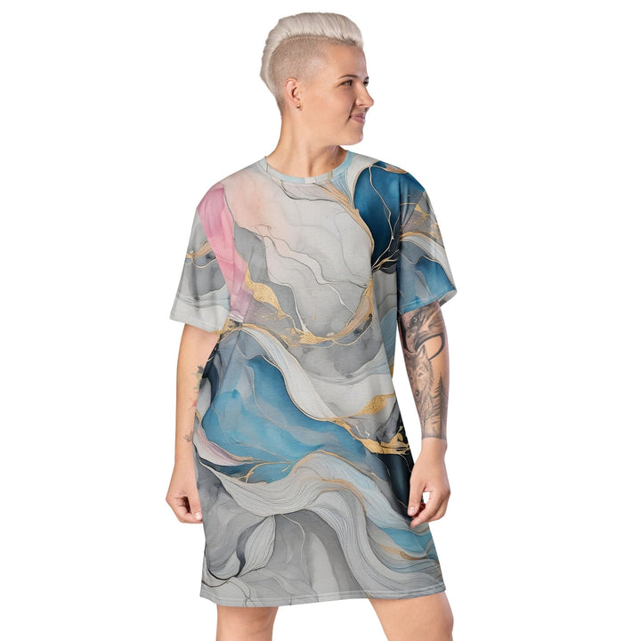 Womens Graphic T-shirt Dress Marble Cloud of Grey Pink Blue 63389 - Womens