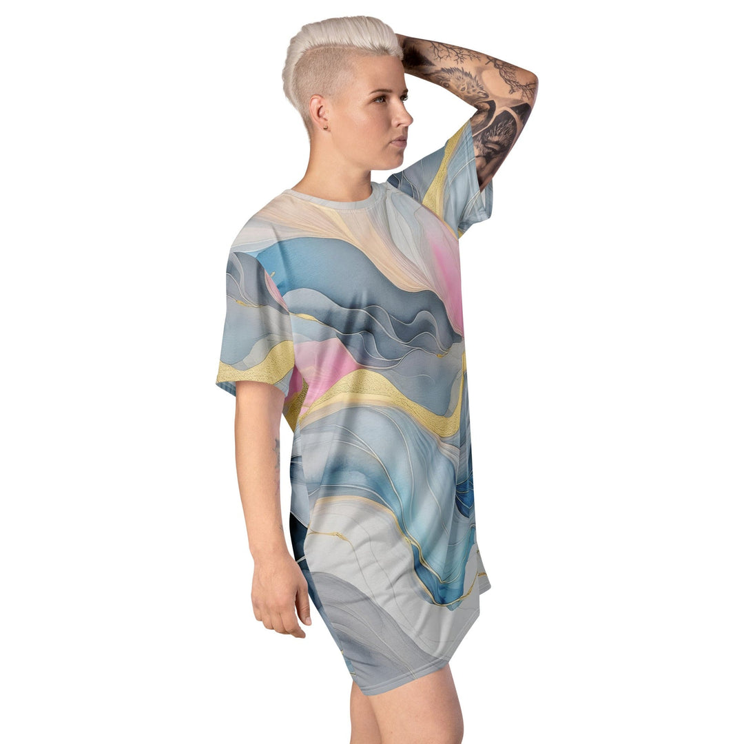 Womens Graphic T-shirt Dress Marble Cloud of Grey Pink Blue 72067 - Womens