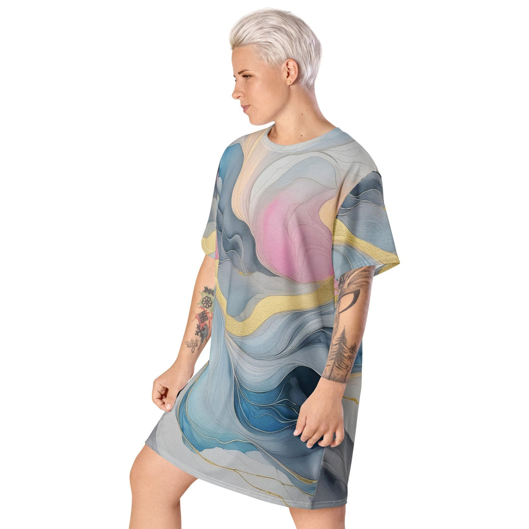 Womens Graphic T-shirt Dress Marble Cloud of Grey Pink Blue 72067 - Womens