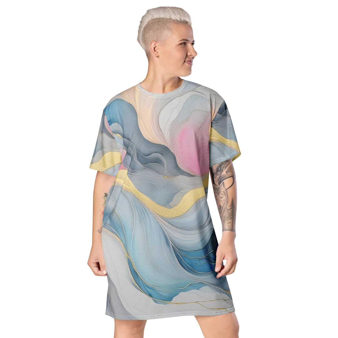 Womens Graphic T-shirt Dress Marble Cloud of Grey Pink Blue 72067 - Womens