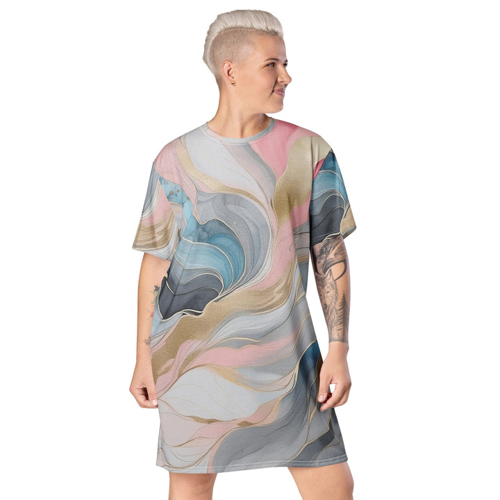 Womens Graphic T-shirt Dress Marble Cloud of Grey Pink Blue 82395 - Womens