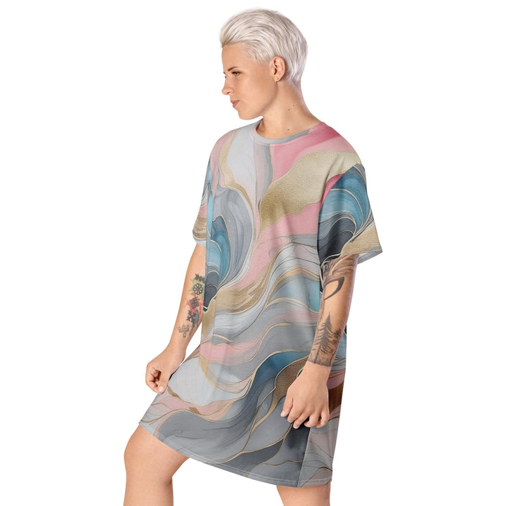 Womens Graphic T-shirt Dress Marble Cloud of Grey Pink Blue 82395 - Womens