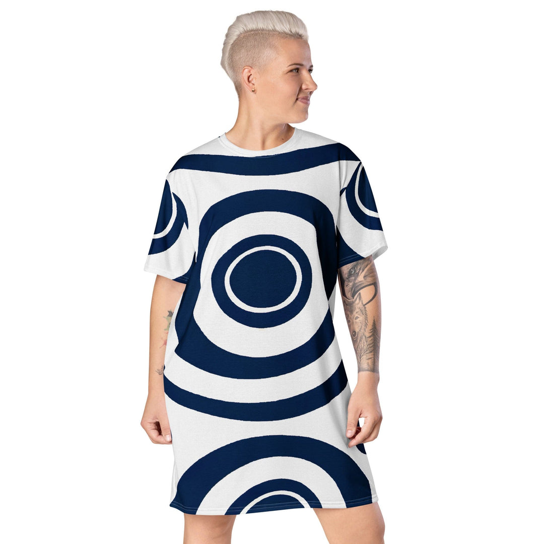 Womens Graphic T-shirt Dress Navy Blue and White Circular Pattern - Womens