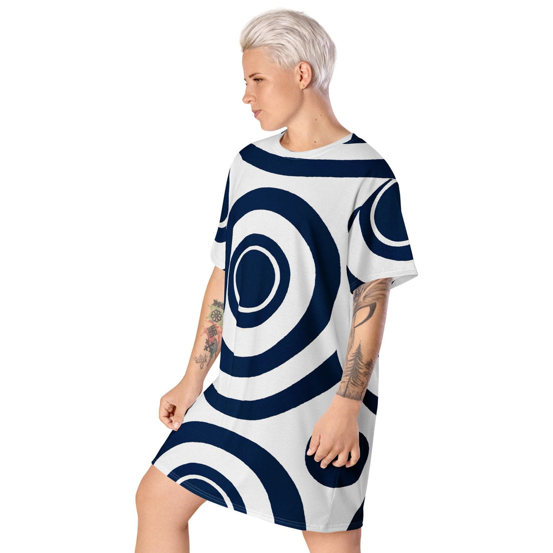 Womens Graphic T-shirt Dress Navy Blue and White Circular Pattern - Womens