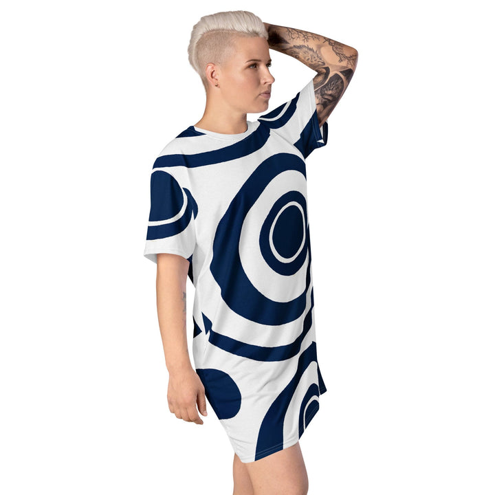 Womens Graphic T-shirt Dress Navy Blue and White Circular Pattern - Womens