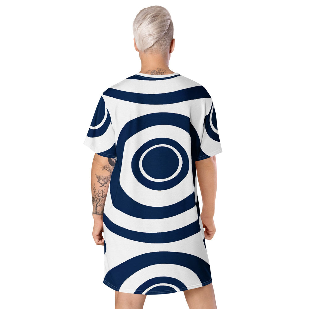 Womens Graphic T-shirt Dress Navy Blue and White Circular Pattern - Womens