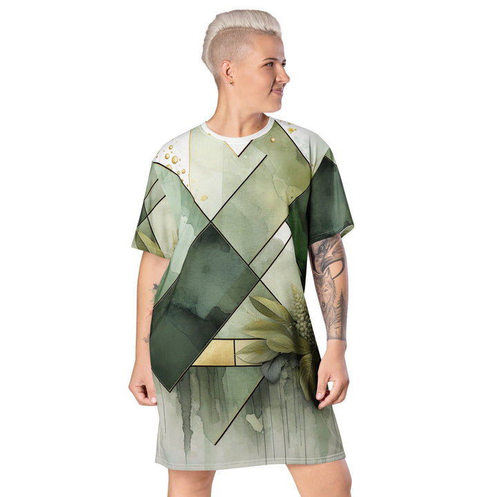 Womens Graphic T-shirt Dress Olive Green Mint Leaf Geometric Print - Womens