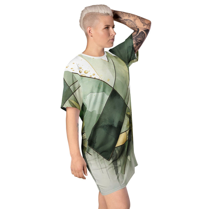 Womens Graphic T-shirt Dress Olive Green Mint Leaf Geometric Print - Womens