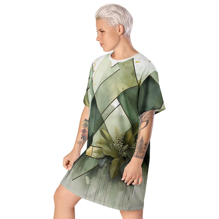 Womens Graphic T-shirt Dress Olive Green Mint Leaf Geometric Print - Womens