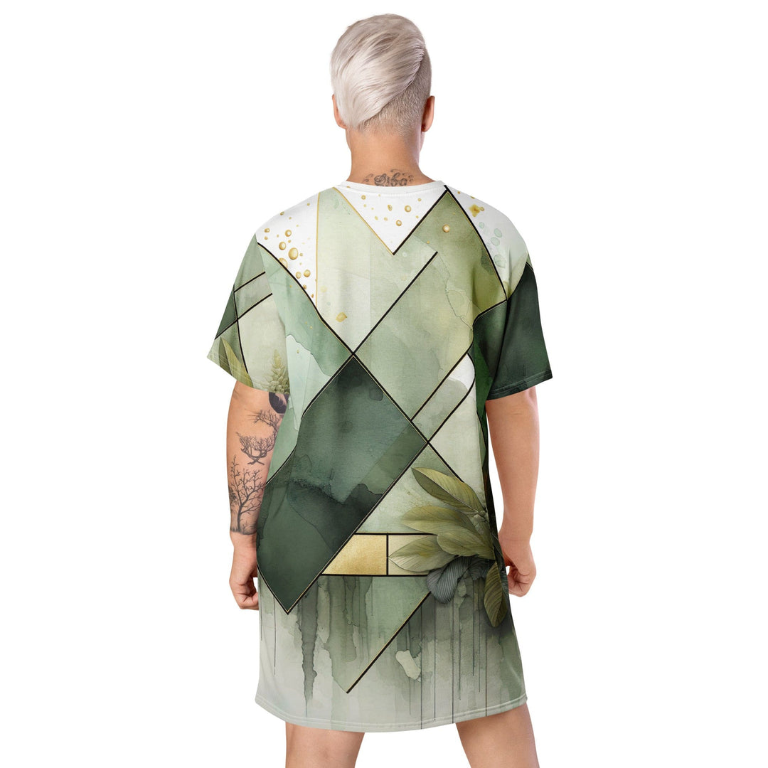 Womens Graphic T-shirt Dress Olive Green Mint Leaf Geometric Print - Womens