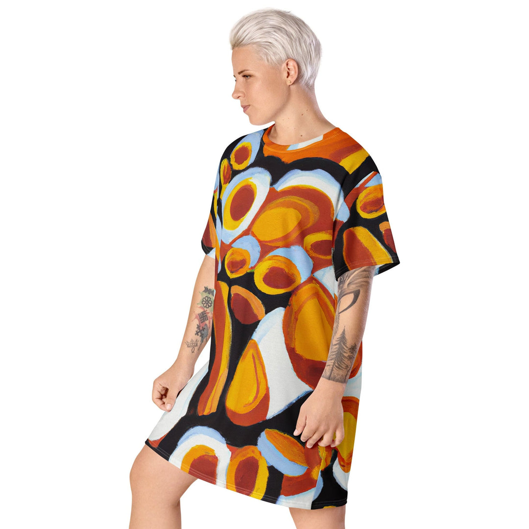 Womens Graphic T-shirt Dress Orange Black White Geometric Print - Womens