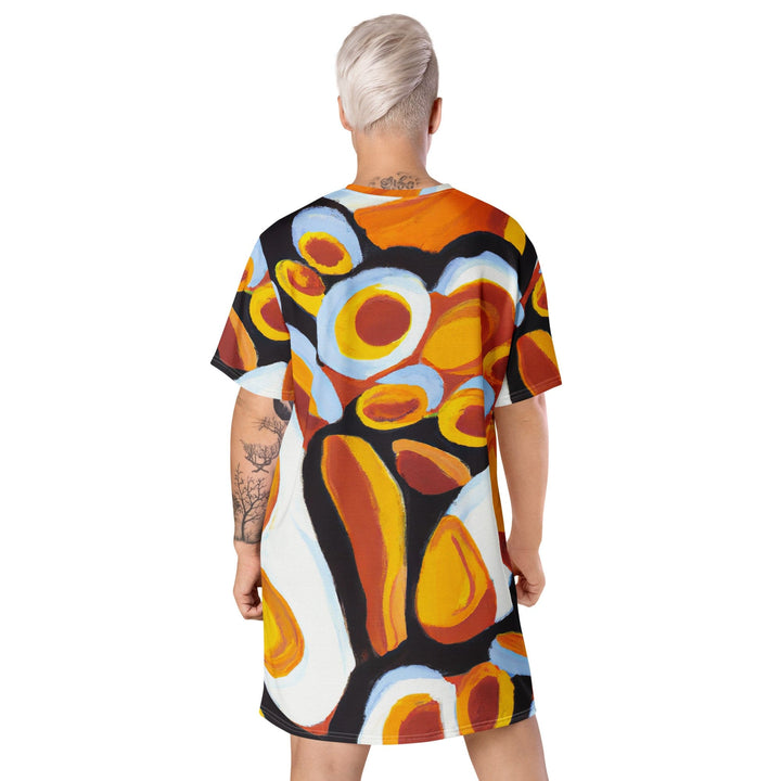 Womens Graphic T-shirt Dress Orange Black White Geometric Print - Womens