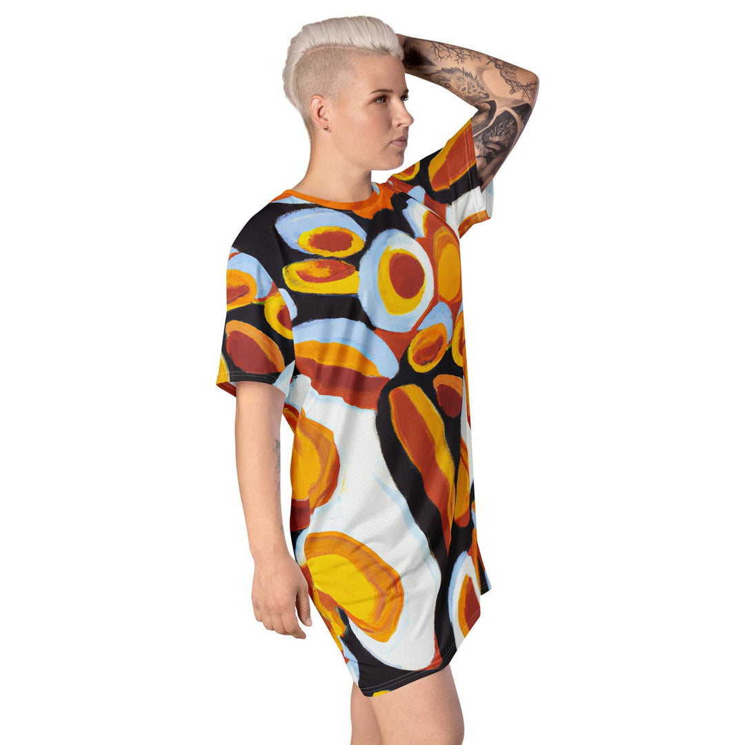 Womens Graphic T-shirt Dress Orange Black White Geometric Print - Womens