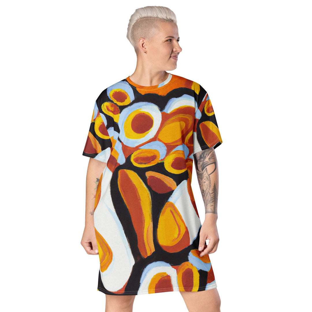 Womens Graphic T-shirt Dress Orange Black White Geometric Print - Womens