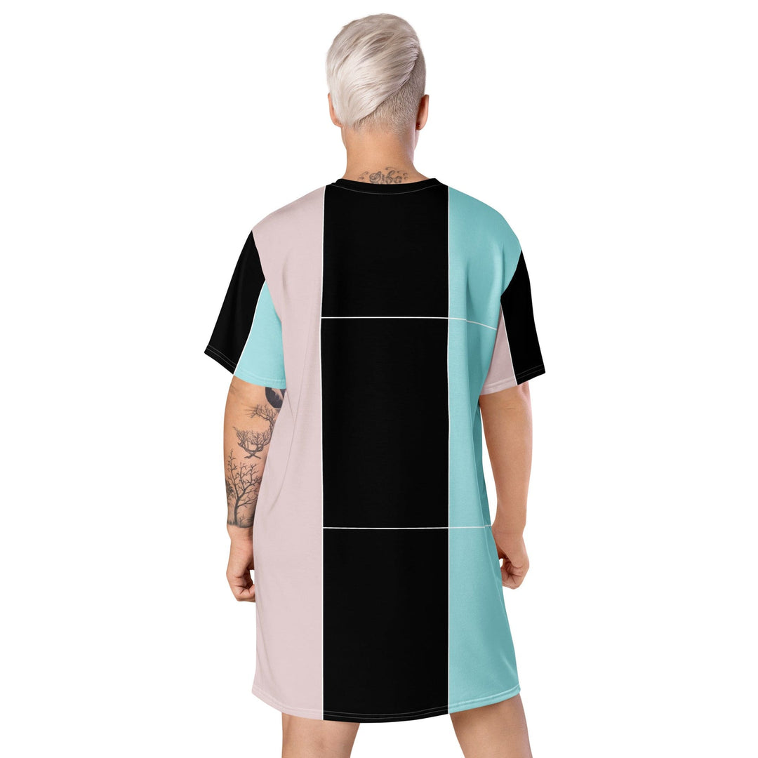 Womens Graphic T-shirt Dress Pastel Pink Black Blue Colorblock Lines - Womens