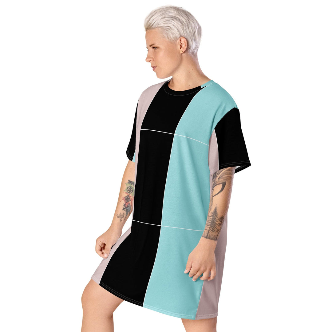 Womens Graphic T-shirt Dress Pastel Pink Black Blue Colorblock Lines - Womens