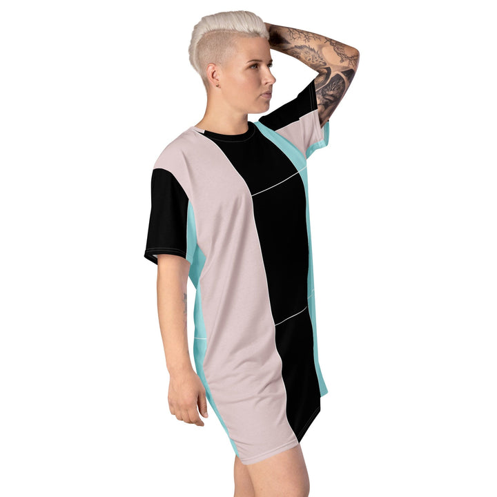 Womens Graphic T-shirt Dress Pastel Pink Black Blue Colorblock Lines - Womens