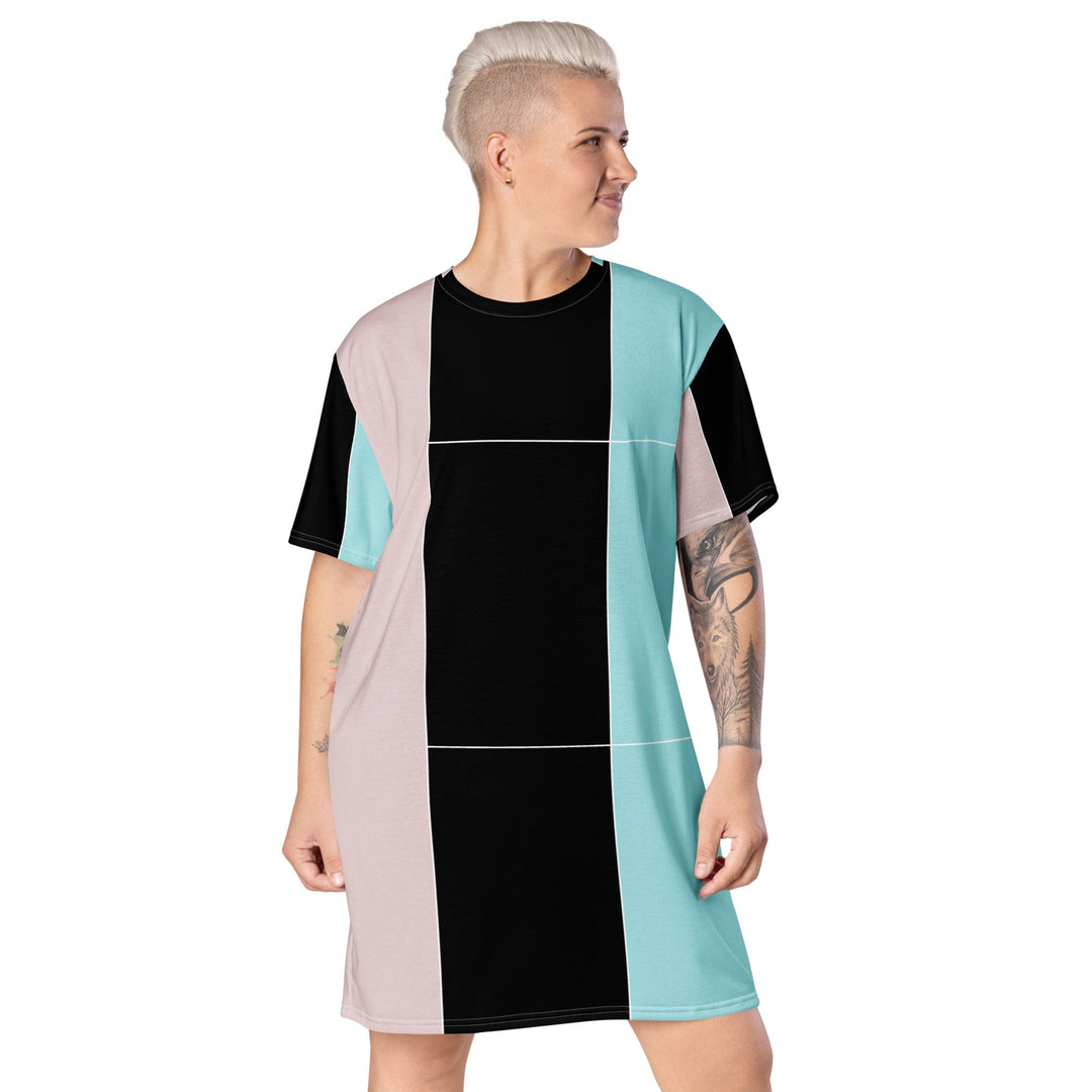 Womens Graphic T-shirt Dress Pastel Pink Black Blue Colorblock Lines - Womens