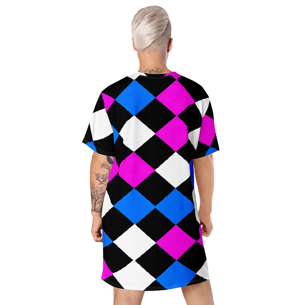 Womens Graphic T-shirt Dress Pink Blue Checkered Pattern - Womens | Dresses