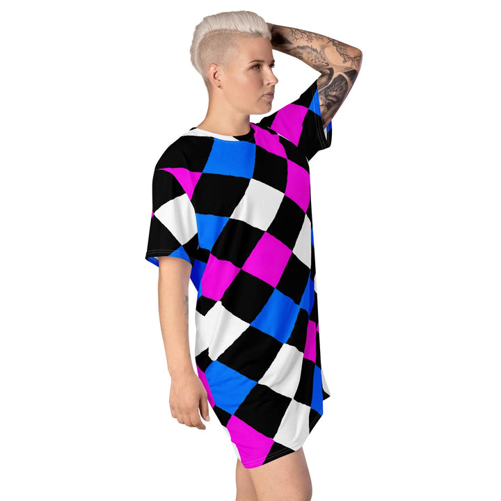 Womens Graphic T-shirt Dress Pink Blue Checkered Pattern - Womens | Dresses