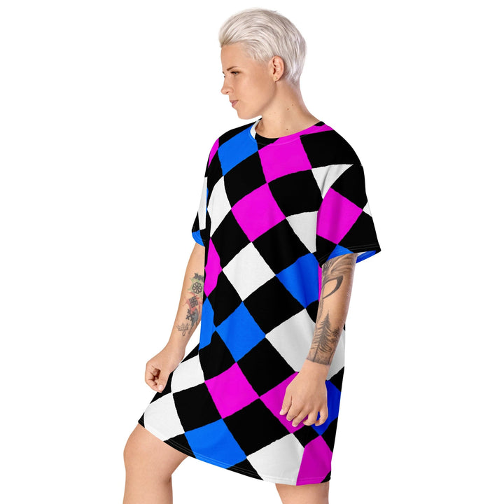 Womens Graphic T-shirt Dress Pink Blue Checkered Pattern - Womens | Dresses