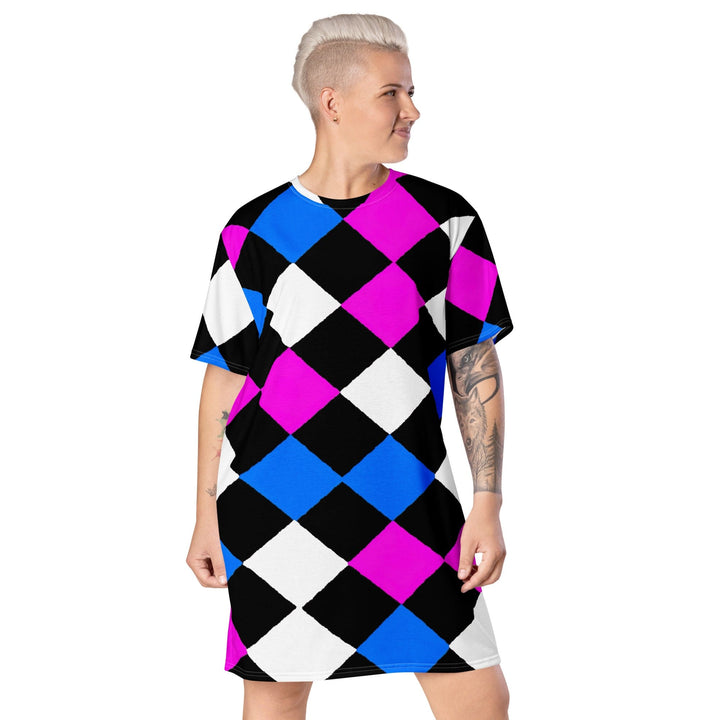 Womens Graphic T-shirt Dress Pink Blue Checkered Pattern - Womens | Dresses