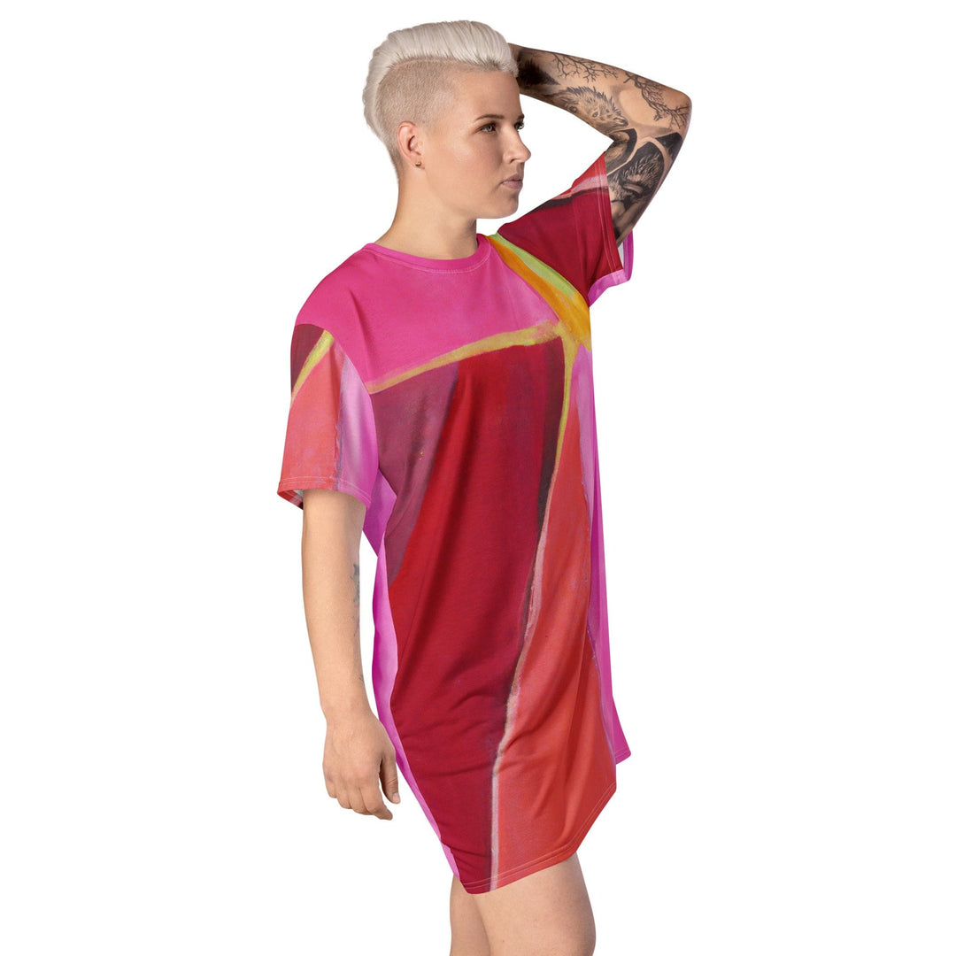 Womens Graphic T-shirt Dress Pink Mauve Red Geometric Pattern - Womens