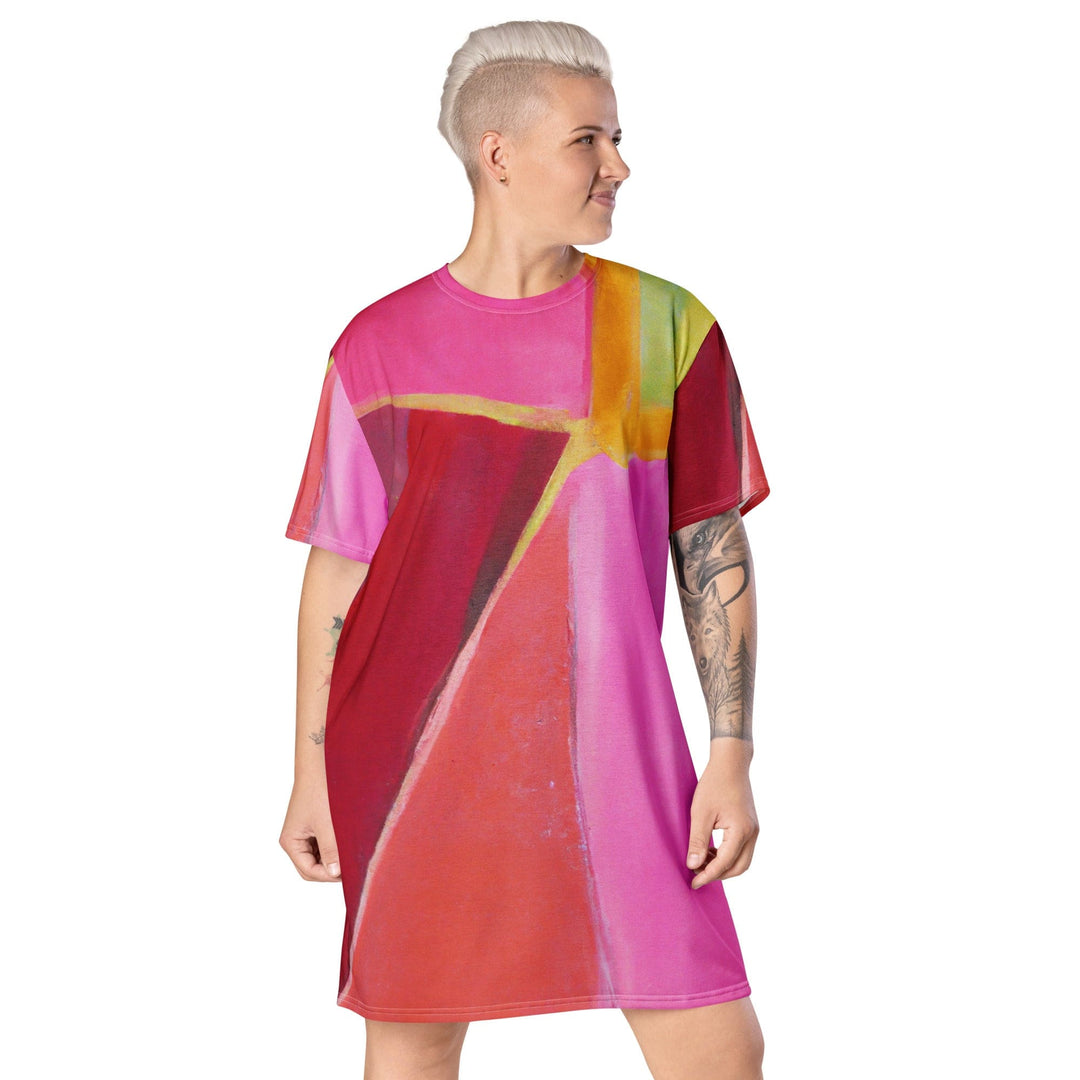 Womens Graphic T-shirt Dress Pink Mauve Red Geometric Pattern - Womens