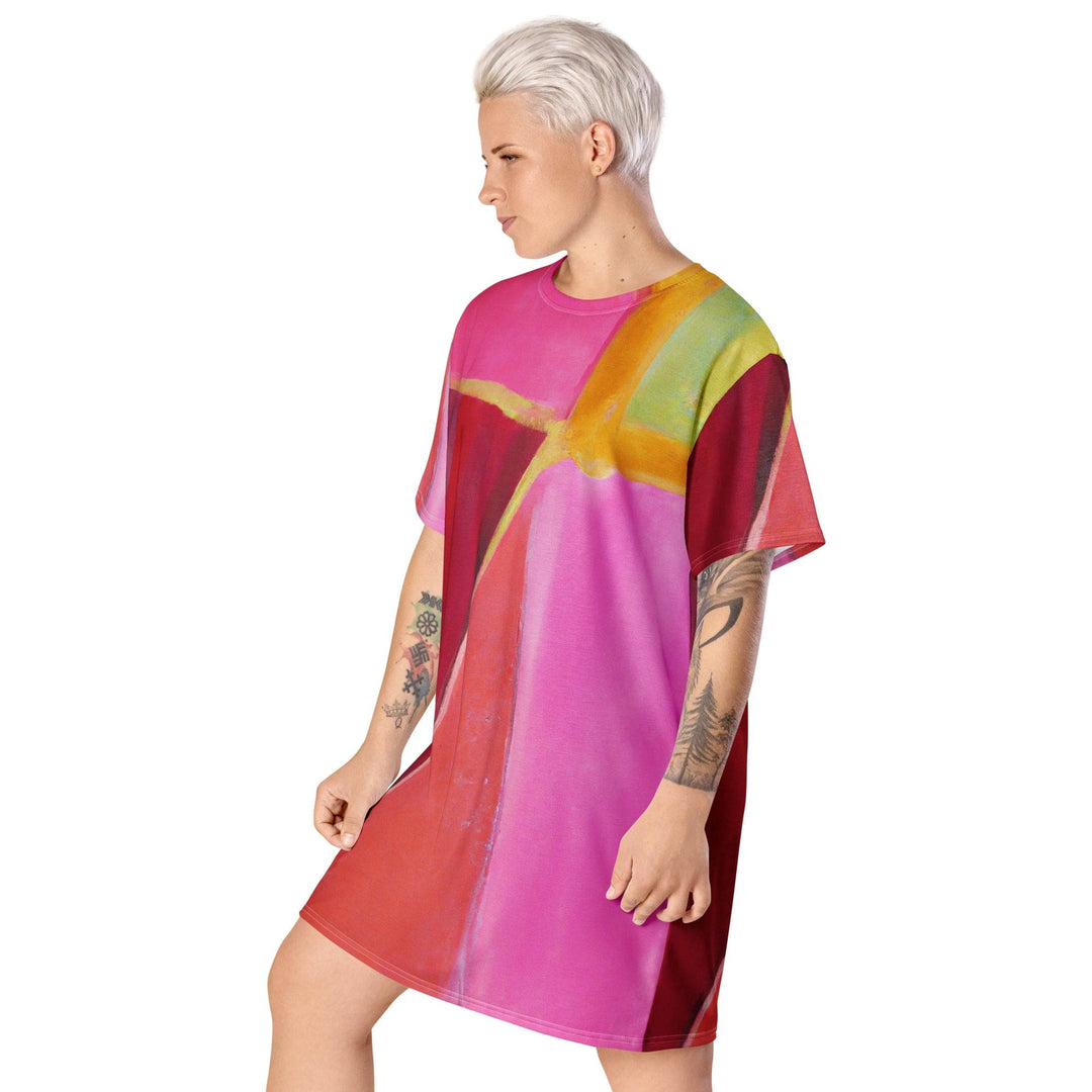 Womens Graphic T-shirt Dress Pink Mauve Red Geometric Pattern - Womens