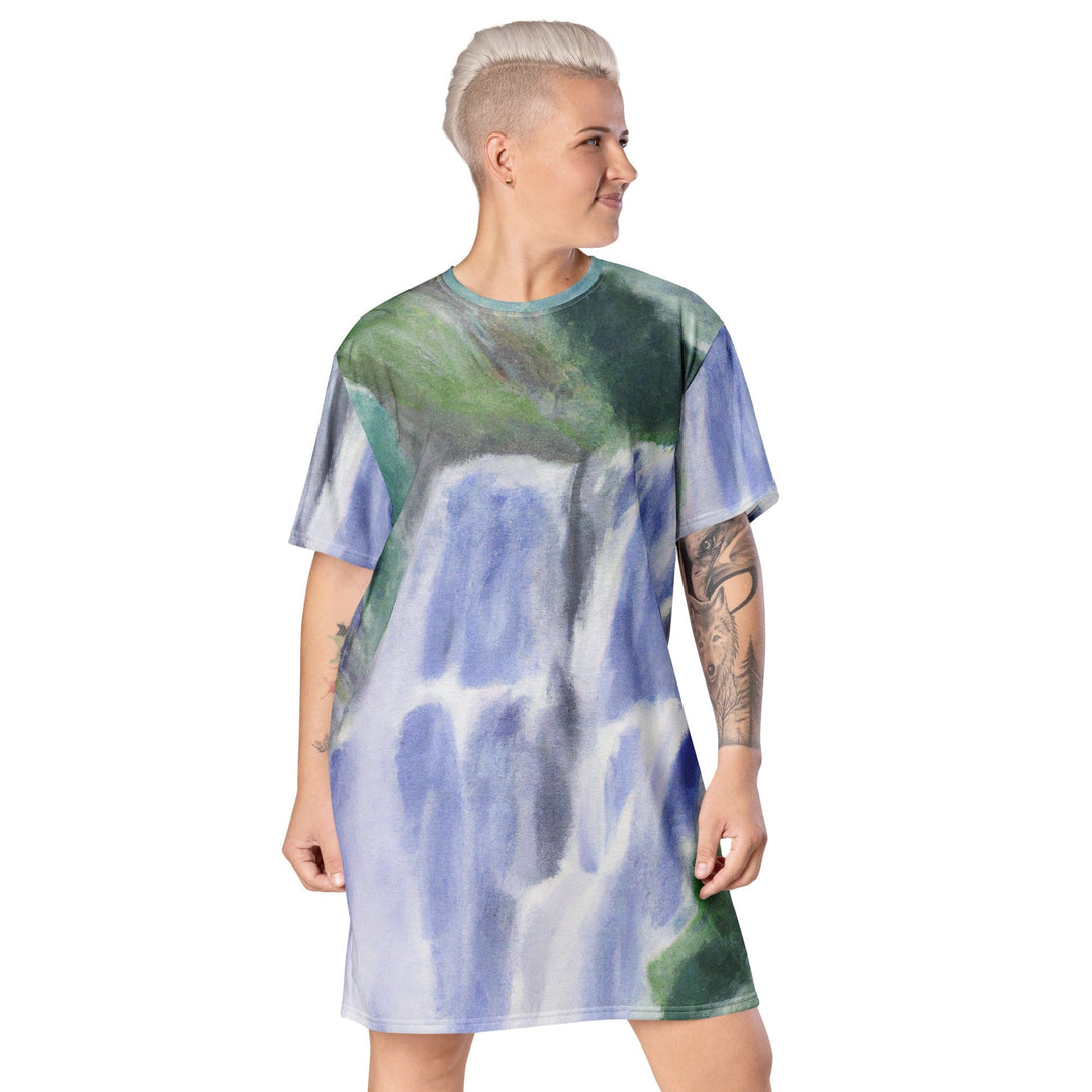 Womens Graphic T-shirt Dress Purple Watercolor Waterfall Green - Womens