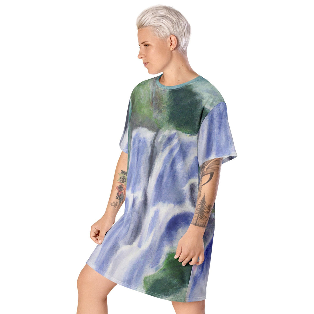 Womens Graphic T-shirt Dress Purple Watercolor Waterfall Green - Womens