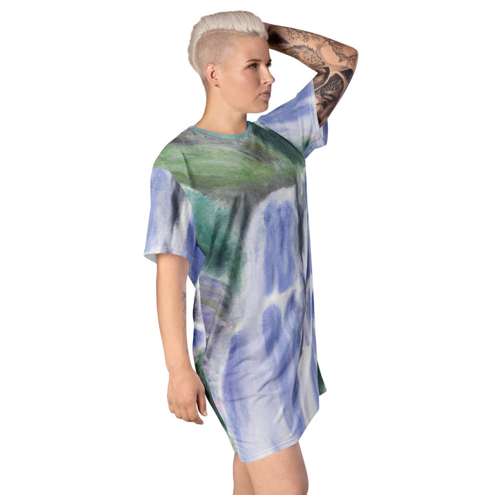 Womens Graphic T-shirt Dress Purple Watercolor Waterfall Green - Womens