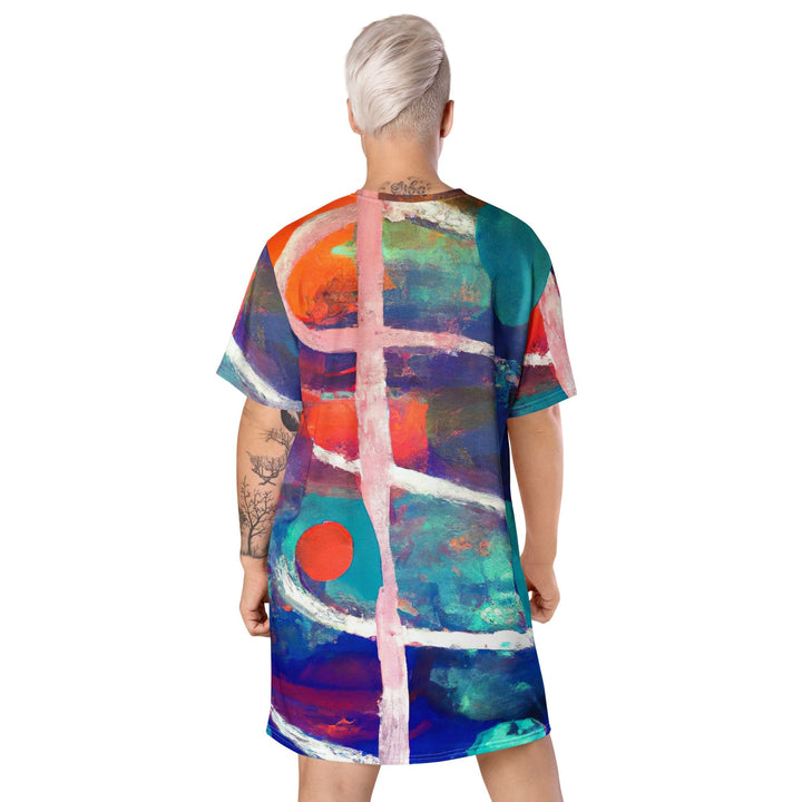 Womens Graphic T-shirt Dress Red Blue Multicolor Abstract Print - Womens