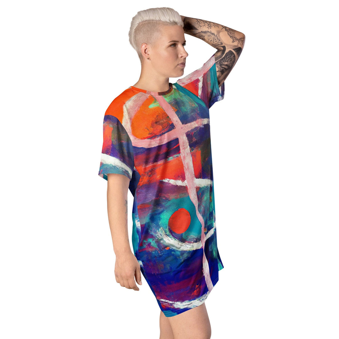 Womens Graphic T-shirt Dress Red Blue Multicolor Abstract Print - Womens