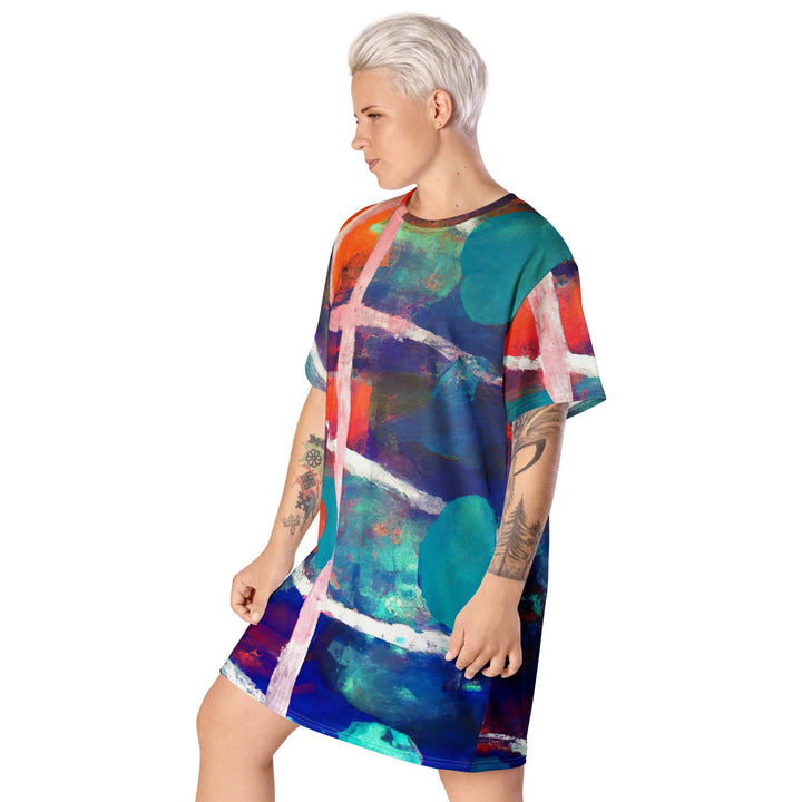 Womens Graphic T-shirt Dress Red Blue Multicolor Abstract Print - Womens