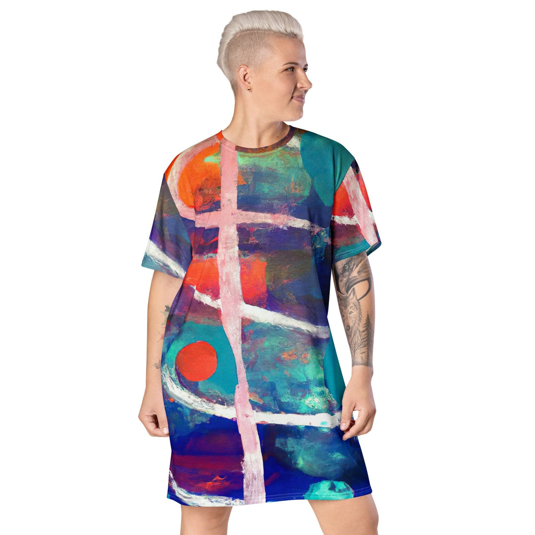 Womens Graphic T-shirt Dress Red Blue Multicolor Abstract Print - Womens