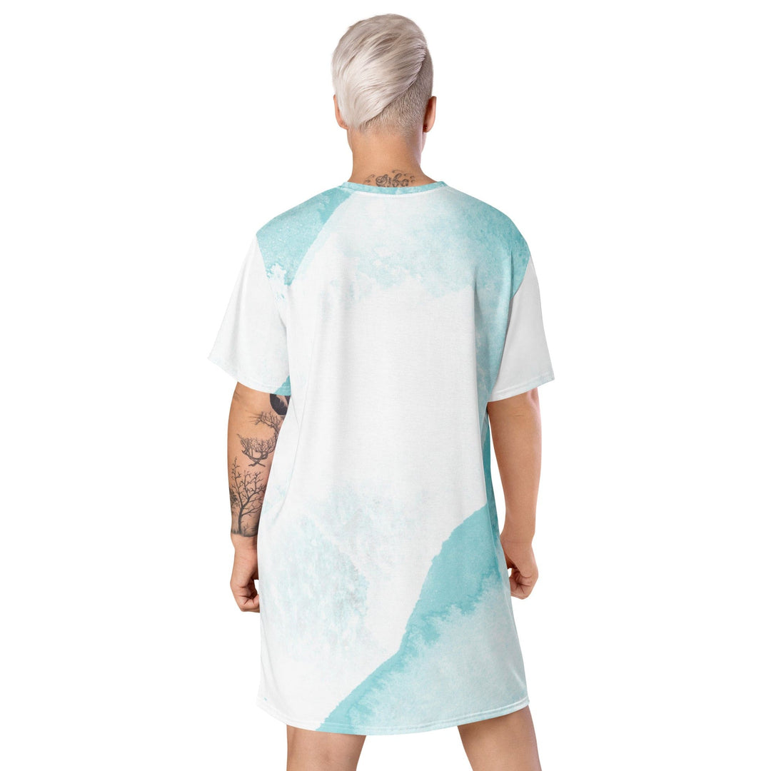 Womens Graphic T-shirt Dress Subtle Abstract Ocean Blue and White - Womens