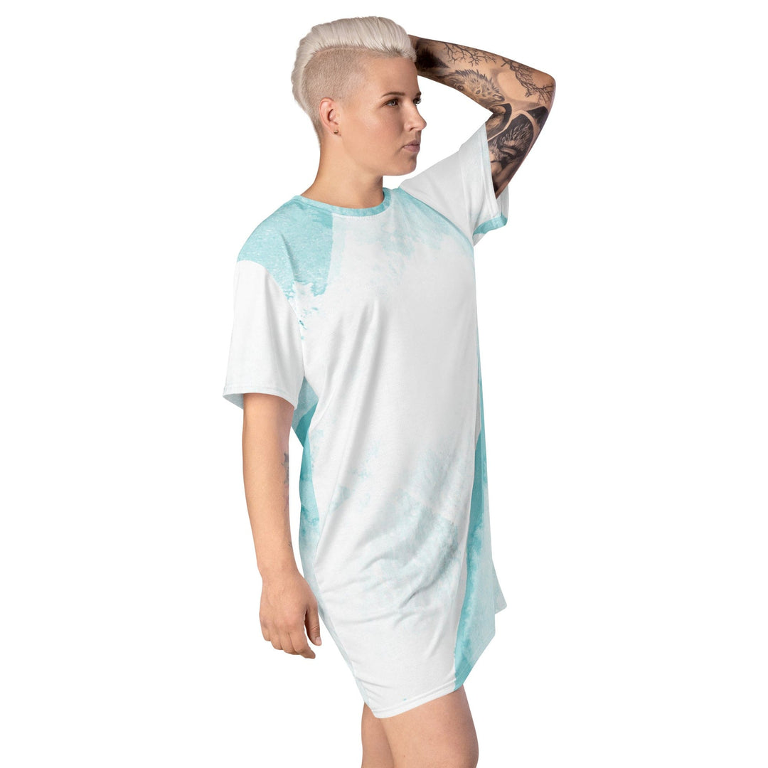 Womens Graphic T-shirt Dress Subtle Abstract Ocean Blue and White - Womens