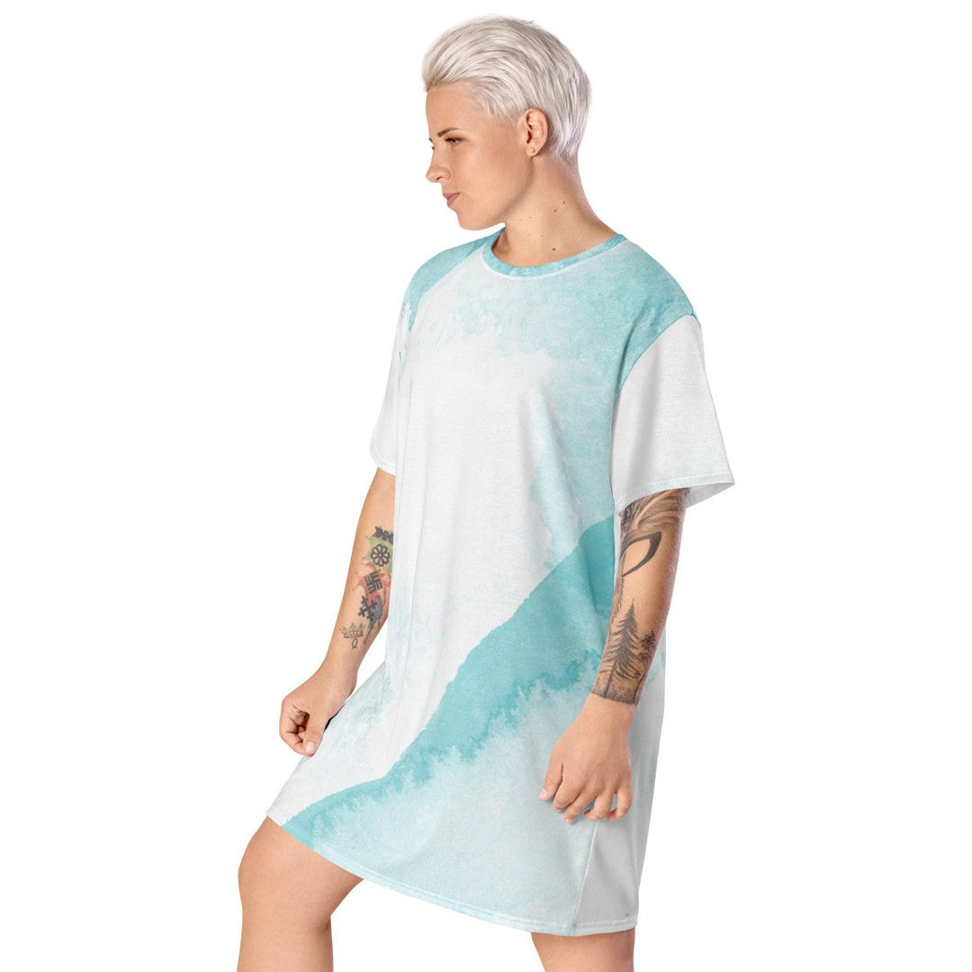 Womens Graphic T-shirt Dress Subtle Abstract Ocean Blue and White - Womens