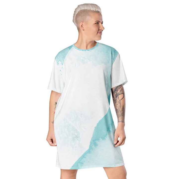 Womens Graphic T-shirt Dress Subtle Abstract Ocean Blue and White - Womens