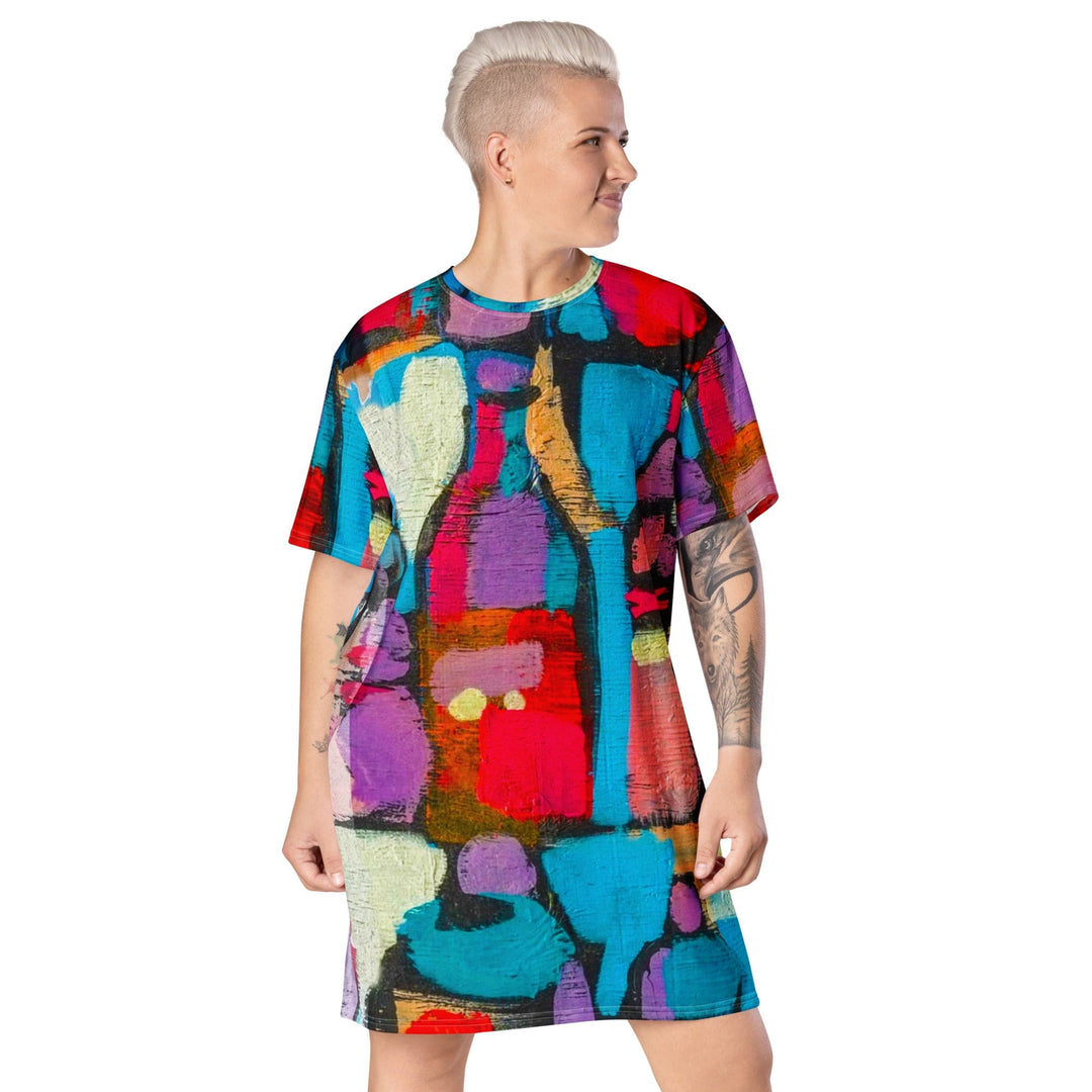 Womens Graphic T-shirt Dress Sutileza Red Multicolor Abstract Print - Womens